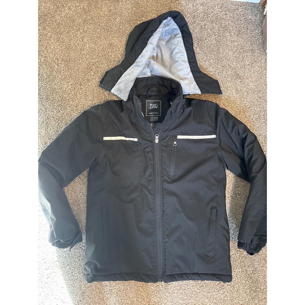 ZSHOW Puffer Jacket Boys 10-12 Black Excellent Reflective Detachable Hood